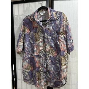 Vintage Jeri Margue Women's Silk Button Up Top Leppard Theme Floral Print Size L